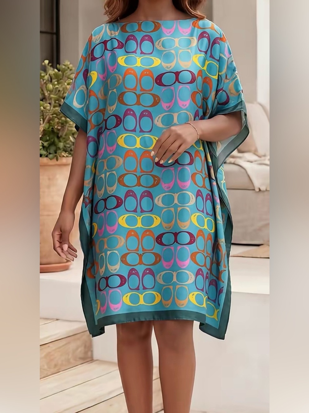 Turquoise Patterned Short Sleeve Kaftan Dress